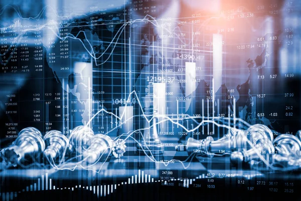 Chess game on chess board on stock market or forex trading graph