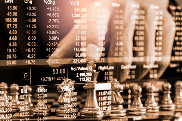 Schaakspel op schaakbord op de aandelenmarkt of forex-handelsgrafiek — Stockfoto
