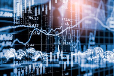 Chess game on chess board on stock market or forex trading graph