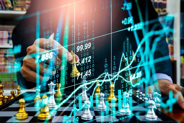 Chess game on chess board on stock market or forex trading graph chart for financial investment concept. Economy trends for digital business marketing strategy analysis. Abstract finance background.