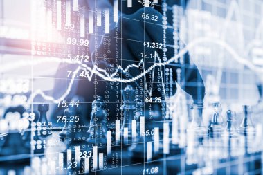 Chess game on chess board on stock market or forex trading graph chart for financial investment concept. Economy trends for digital business marketing strategy analysis. Abstract finance background.
