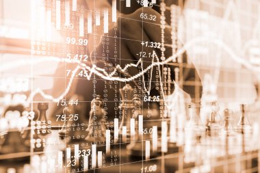 Chess game on chess board on stock market or forex trading graph chart for financial investment concept. Economy trends for digital business marketing strategy analysis. Abstract finance background.
