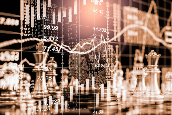 Modern way of exchange. Bitcoin is convenient payment in economy market. Virtual digital currency and financial investment trade concept. Abstract cryptocurrency with gold bitcoin and chess background