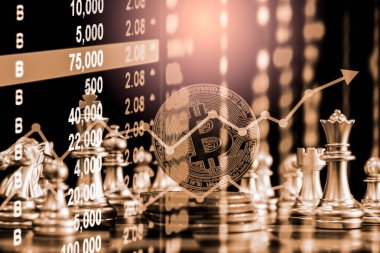Modern bir takas yöntemi. Bitcoin ekonomi piyasasında uygun bir ödemedir. Sanal dijital para birimi ve finansal yatırım ticaret kavramı. Altın bitcoin ve satranç arka planına sahip soyut kripto para birimi