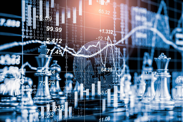 Modern way of exchange. Bitcoin is convenient payment in economy market. Virtual digital currency and financial investment trade concept. Abstract cryptocurrency with gold bitcoin and chess background