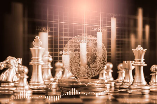 Modern way of exchange. Bitcoin is convenient payment in economy market. Virtual digital currency and financial investment trade concept. Abstract cryptocurrency with gold bitcoin and chess background