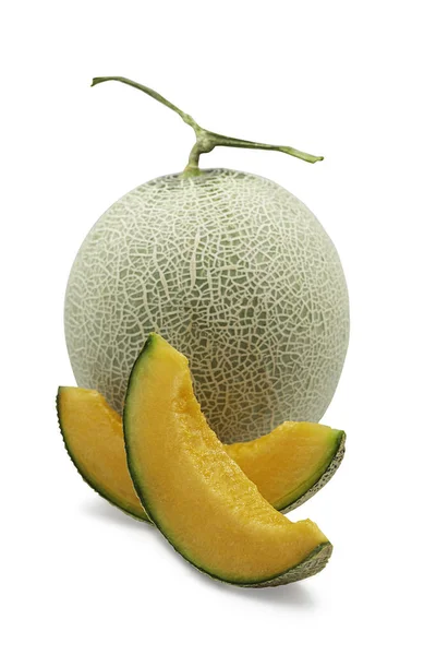 Organic Japanese Cantaloup Melon Sliced White Isolated Background Clipping Path — Stock Photo, Image