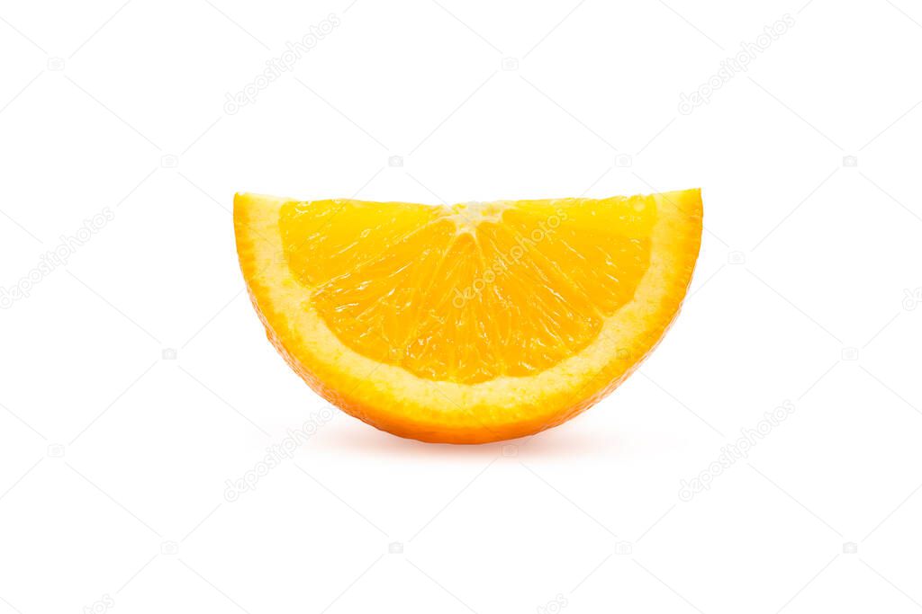 Quarter sliced piece of fresh organic navel orange in perfect shape on white isolated background with clipping path. Orange have high vitamin c, sweet and delicious taste. Fresh fruit concept.