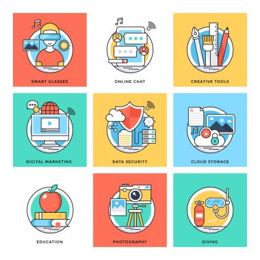 Düz renkli tasarım kavramları vektör simgeler 1