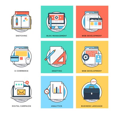 Düz renkli tasarım kavramları vektör simgeler 9