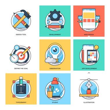 Düz renkli tasarım kavramları vektör simgeler 23