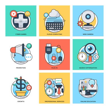 Düz renkli tasarım kavramları vektör simgeler 28