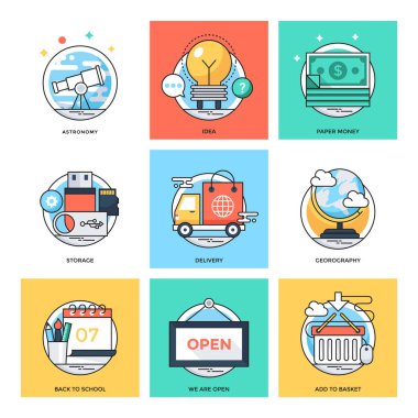 Düz renkli tasarım kavramları vektör simgeler 29