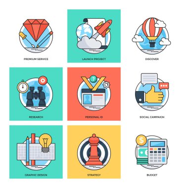 Düz renkli tasarım kavramları vektör simgeler 35