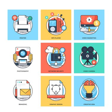 Düz renkli tasarım kavramları vektör simgeleri 32