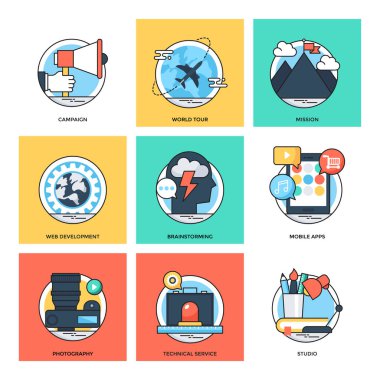 Düz renkli tasarım kavramları vektör simgeler 38