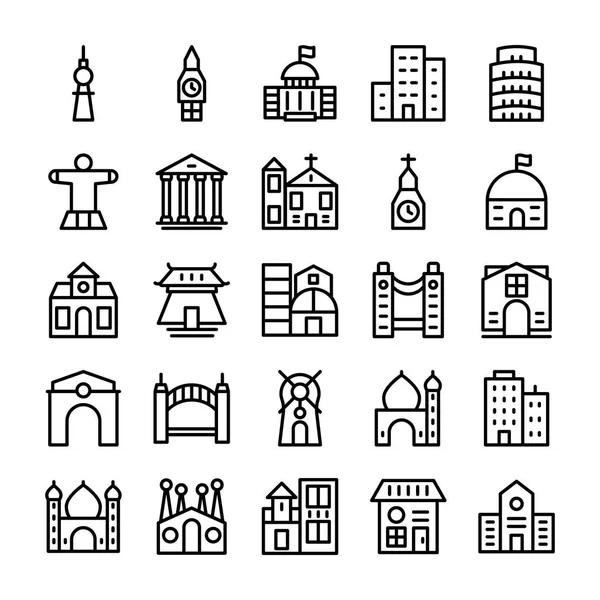 Edificios, Lugares de interés Línea Vector Iconos 3 — Vector de stock