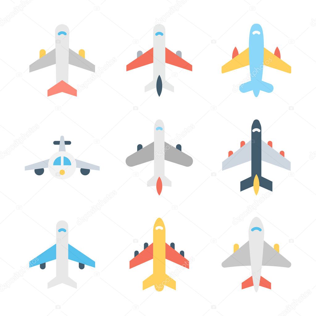 Airplane Color Vector Icons Set