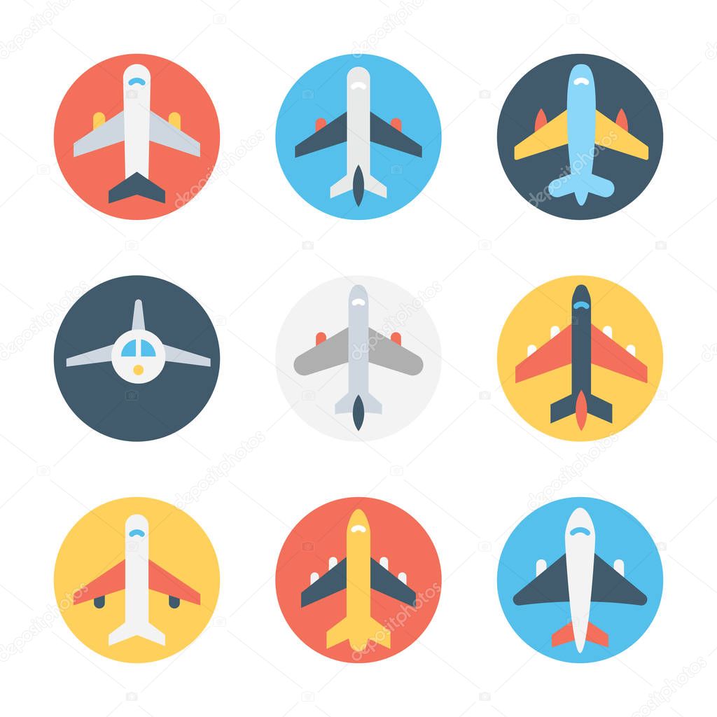 Airplane Circular Color Vector Icons Set