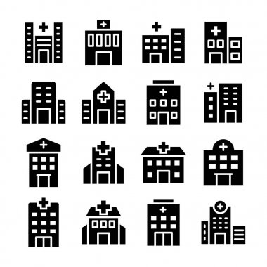 Hastane binaları glif Vector Icons Set