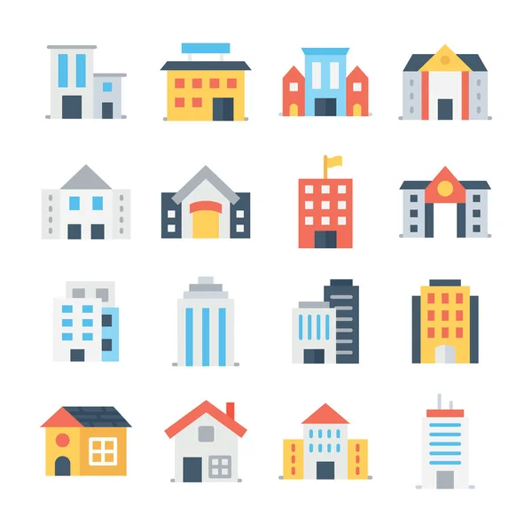 Buildings Color Vector Icons Set — Stock Vector