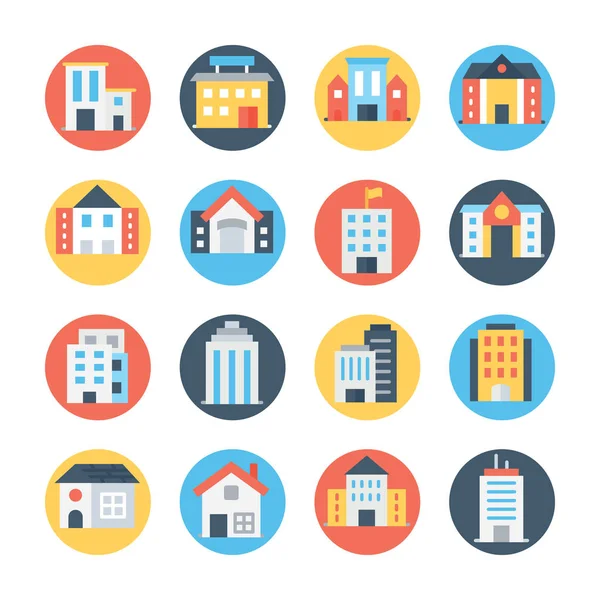 Conjunto de iconos vectoriales de color circular de edificios — Vector de stock
