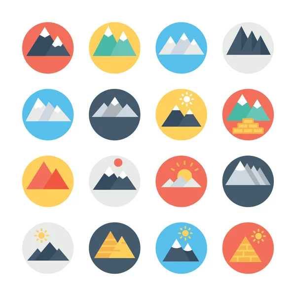 Conjunto de iconos vectoriales de colores circulares de las montañas — Vector de stock