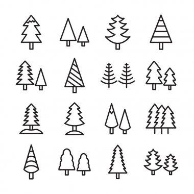 Yaprak dökmeyen ağaçlar çizgi vektör simge kümesi