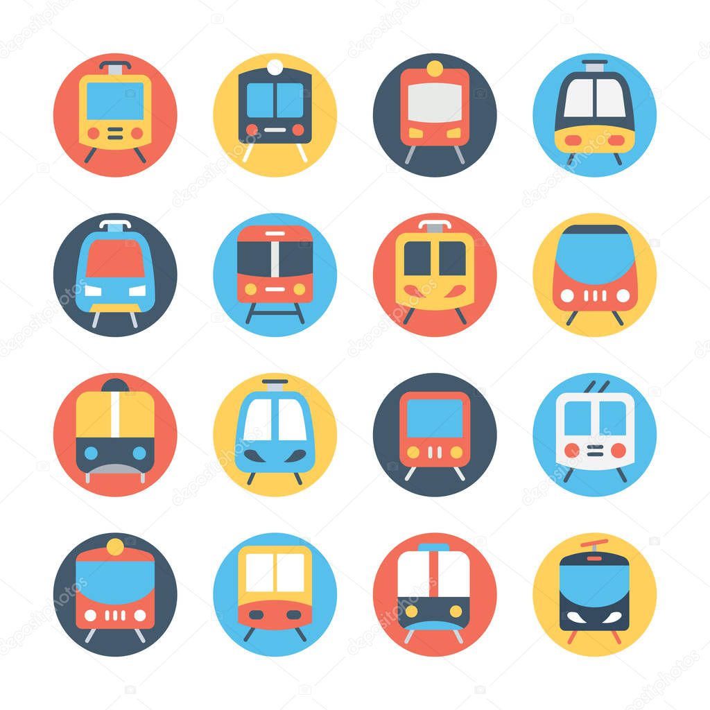 Set of Train and Railway Transportation Circular Colored Icons 