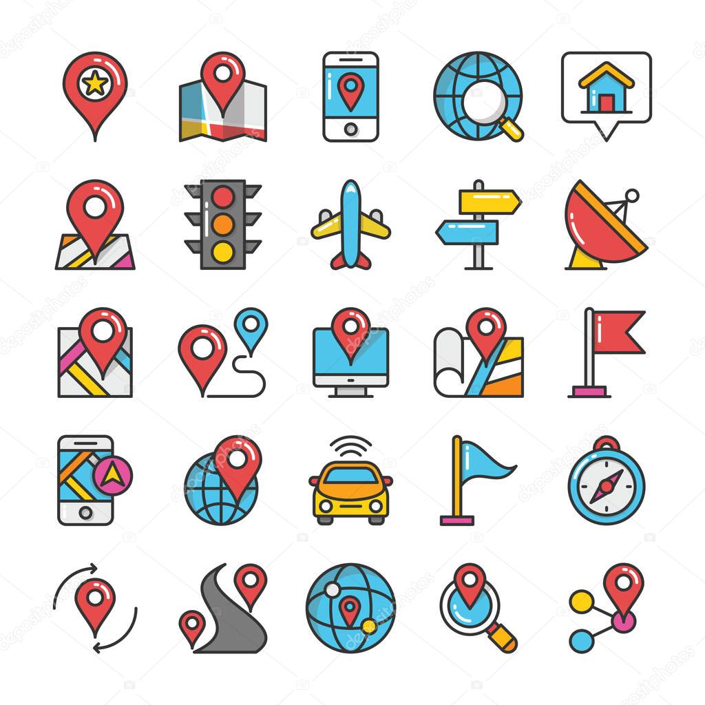 Maps and Navigation Colored Vector Icons Set 1