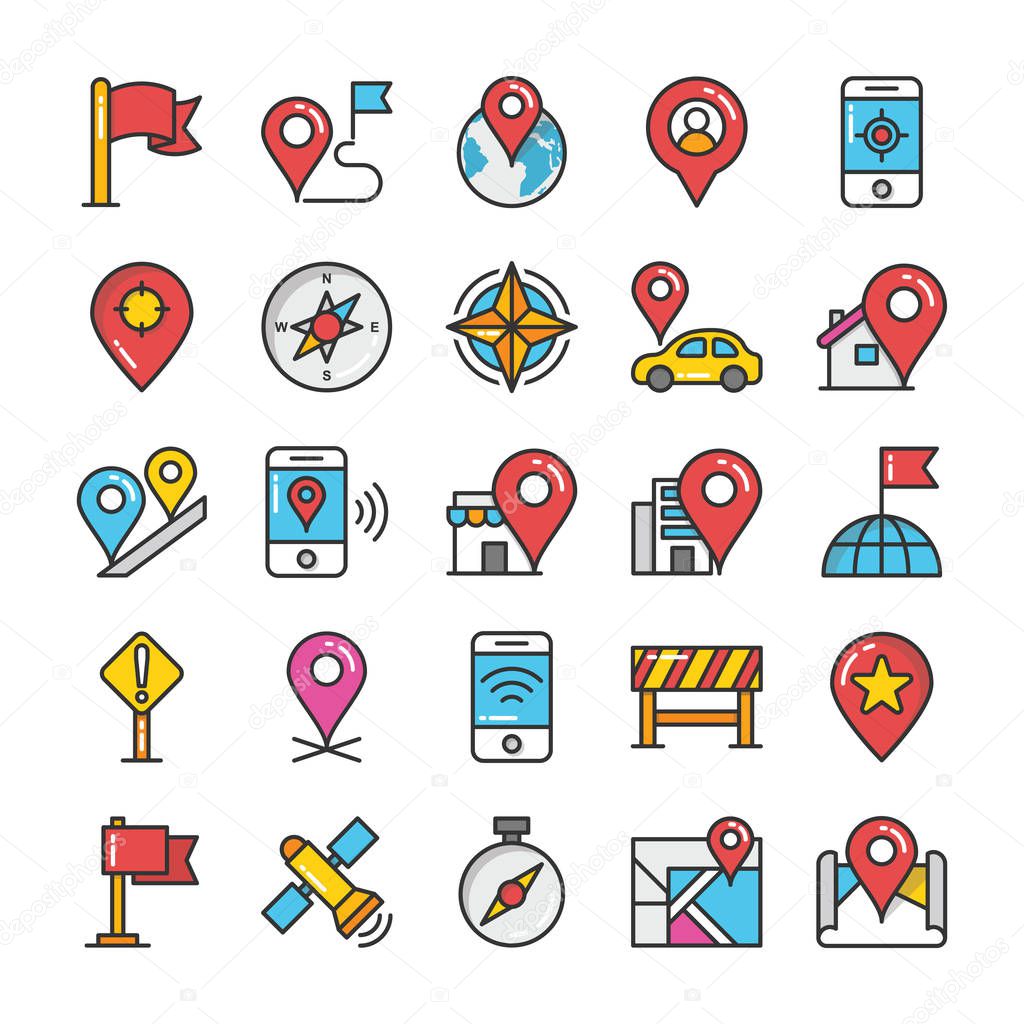 Maps and Navigation Colored Vector Icons Set 5