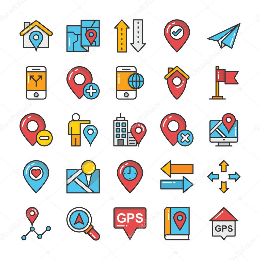 Maps and Navigation Colored Vector Icons Set 7