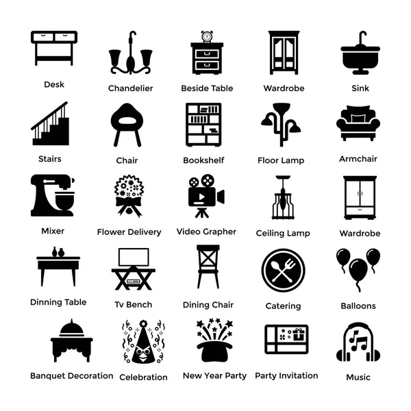 Set Interior Decoration Glyph Icons — Stock Vector