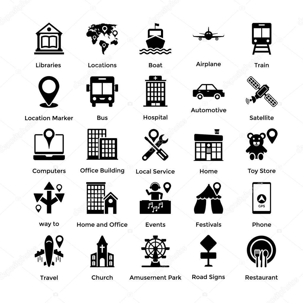 Pack of Maps and Navigation Glyph Icons 1