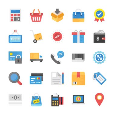 Koleksiyon alışveriş ve ticaret düz simgeler