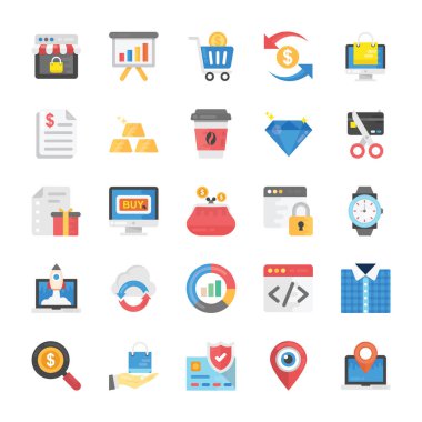 Alışveriş paketi ve e-ticaret düz simgeler