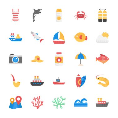 Deniz hayat düz Vector Icons Set