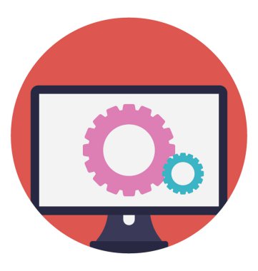 Bilgisayar ekranı ve Dişliler, düz vektör simgesi