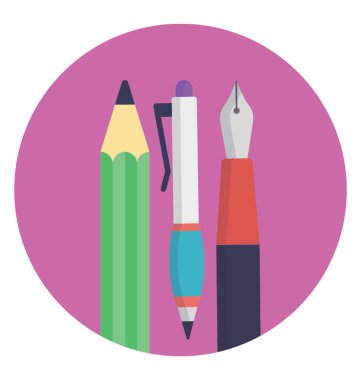 Bir kalem, işaretçi ve mürekkep kalem düz vektör simge mor zemin üzerine