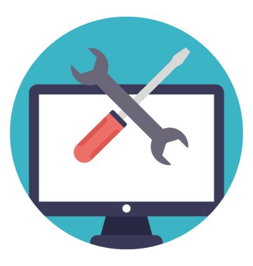 İngiliz anahtarı ve düz tasarım ekranında tornavida ile bilgisayar kutsal kişilerin resmi