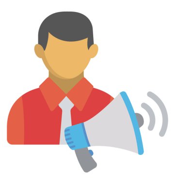 Bir kişinin şirket geniş duyuru düz simgesini temsil eden bir hoparlör ile