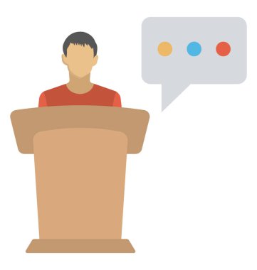 Kürsü ile bir konuşma balonu düz simgesinin üzerinde bir konferans veren bir adam