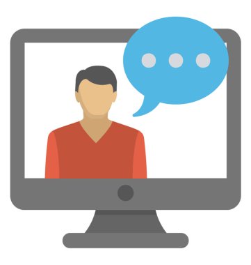 Dizüstü bilgisayar ile bir konuşma balonu düz simgesinin kişi resimde