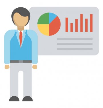 Grafik grafik ve çubuk grafik bir iş sunumu ile duran bir kişi düz simgesi