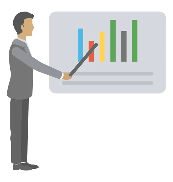 Icono Plano Hombre Explicando Gráfico Gráfico — Archivo Imágenes Vectoriales