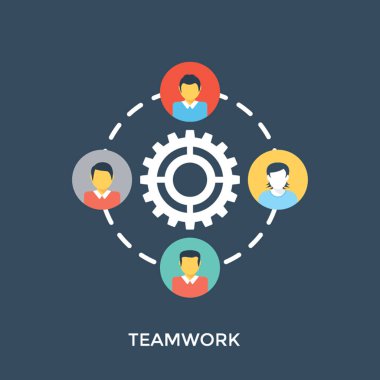 Düz tasarım simgesi dişli ve bağlantı, ekip çalışması, destek, işbirlikçi birlik kavramı ile iş grubunun 