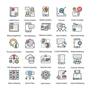 Internet ve dijital pazarlama toplama simgeler kaplı