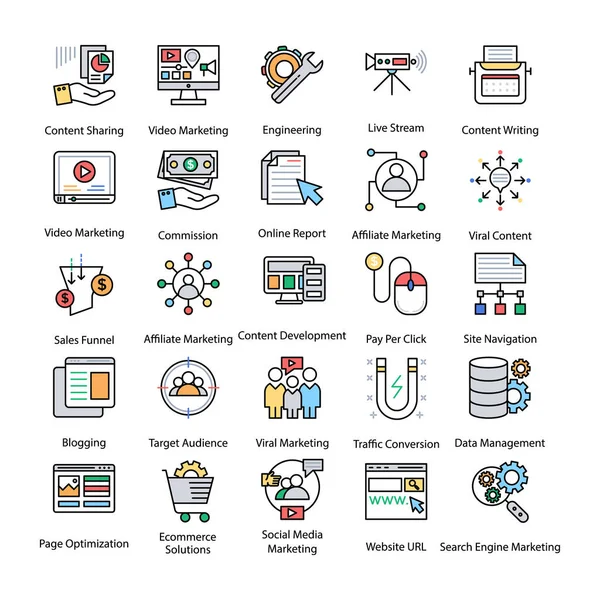 Packung Farbiger Internet Und Digitaler Marketing Ikonen — Stockvektor