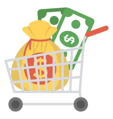 Para, düz tasarım yatırım konsepti alışveriş sepeti dolu