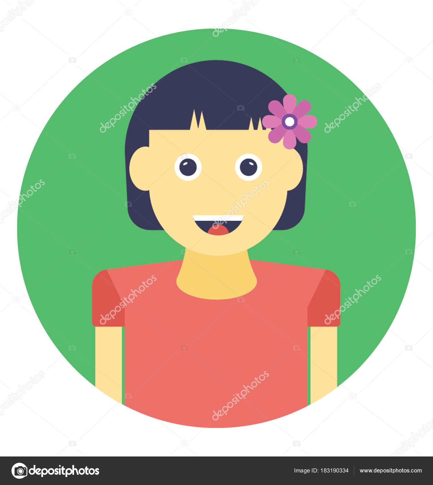 Preschool Girl Short Hairstyle Red Dress Flat Vector Icon Stock